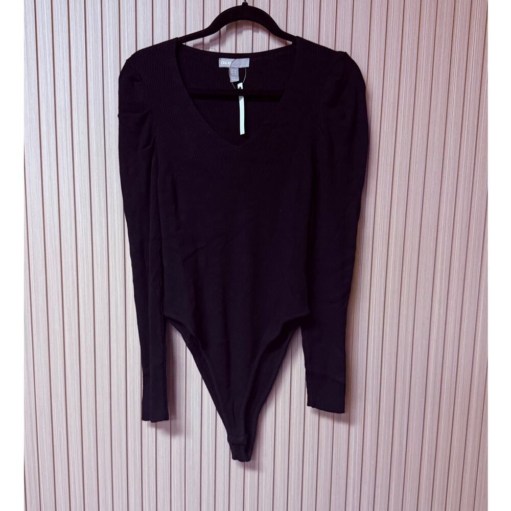 ASOS Black Ribbed V-Neck Long Sleeve Bodysuit Size US 12 EU 44
